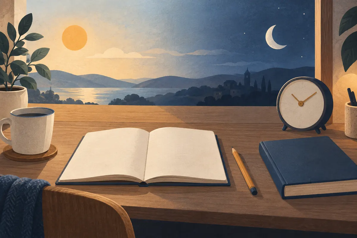 Ilustracja biurka przygotowanego do krótkiej sesji nauki przy zmiennym grafiku pracy.